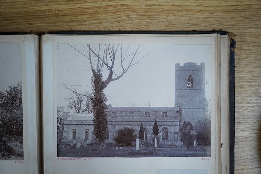 A late Victorian photograph album; 1890's onwards, assorted portraits, topography including Sussex, Hove Bowling Club, opening meeting 1905 and various railway related images. Condition - spine torn album damaged, photos